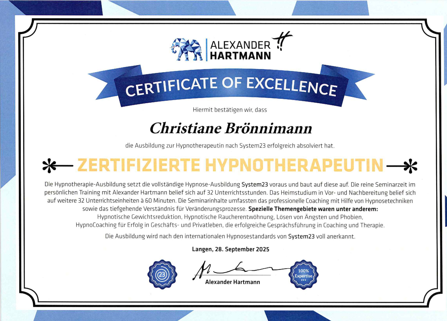 Diplom Hypnoseausbildung bei Alexander Hartmann